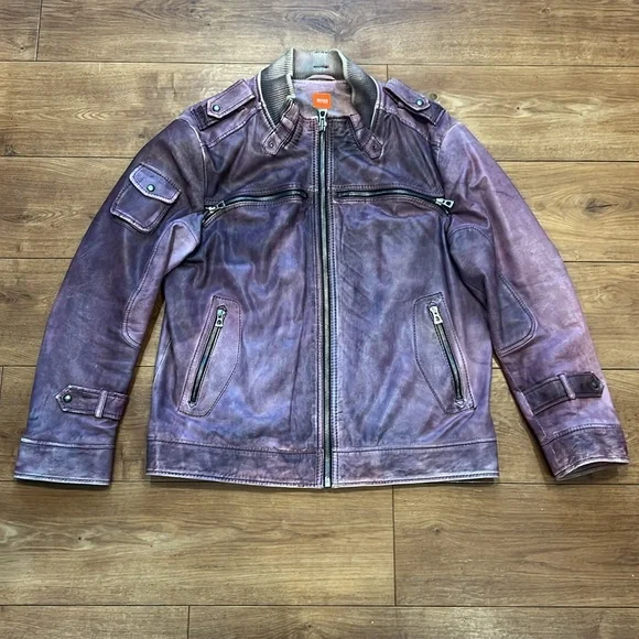 Vintage Y2K Hugo Boss Orange Label Pink/Purple Faded Distressed Leather Jacket